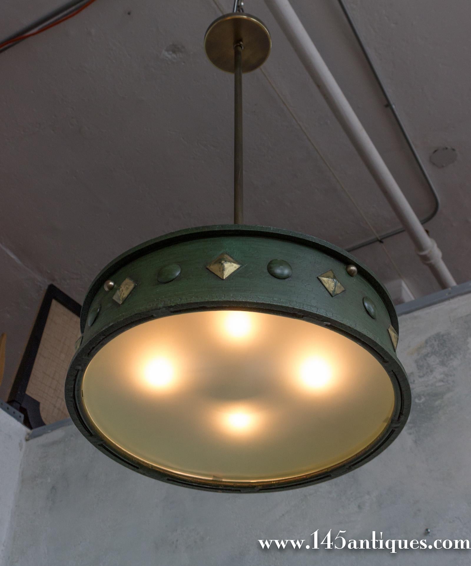 French 1950's Green Patinated Suspended Ceiling Fixture For Sale 7