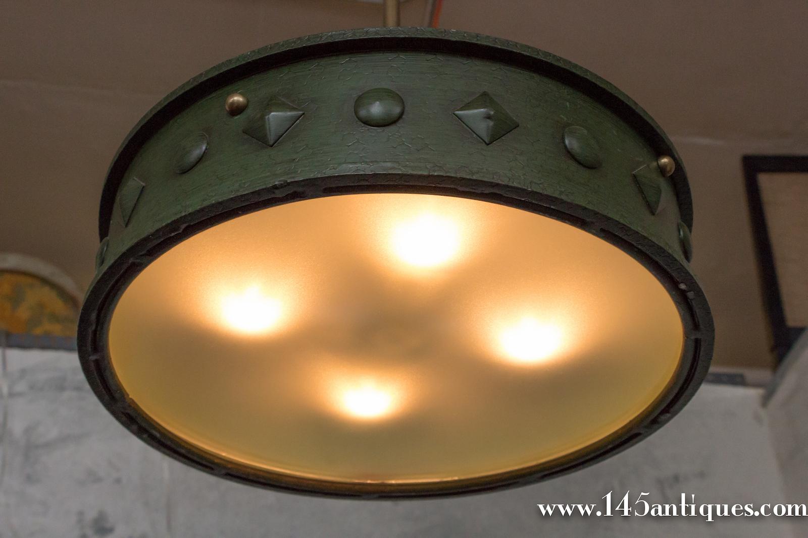 French 1950's Green Patinated Suspended Ceiling Fixture For Sale 1