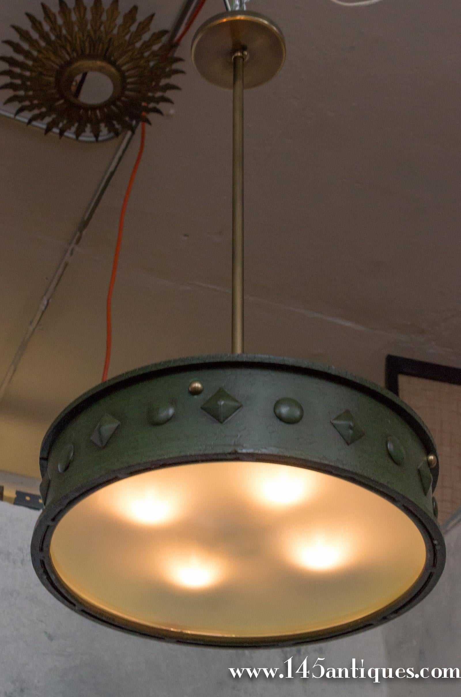 French 1950's Green Patinated Suspended Ceiling Fixture For Sale 3