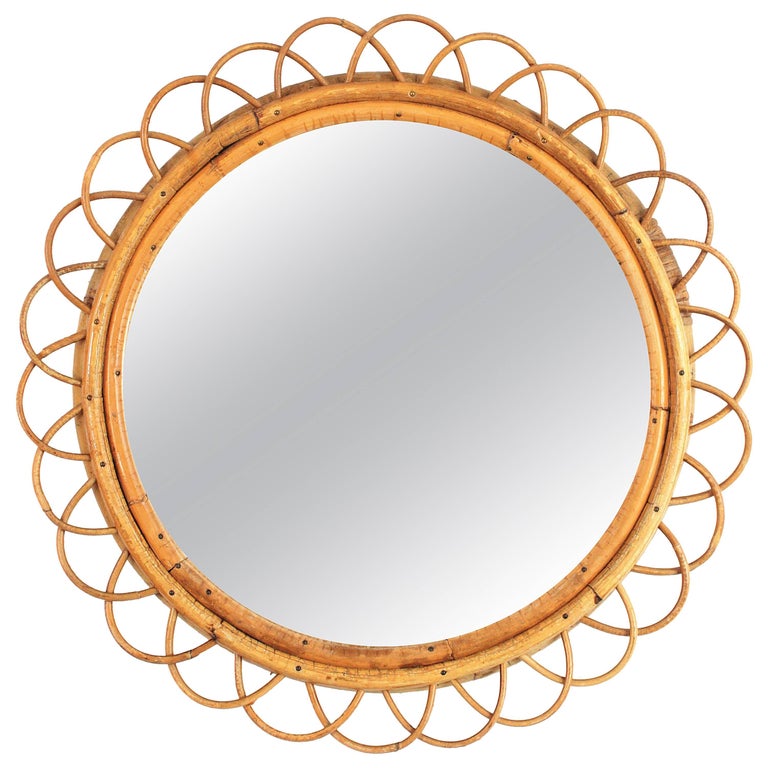 French 1950s Handcrafted Rattan And Bamboo Flower Shaped Round Wall Mirror