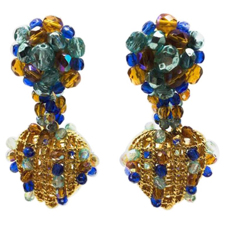Vintage French Crystal Embellished Statement Heart Basket Earrings 1950s