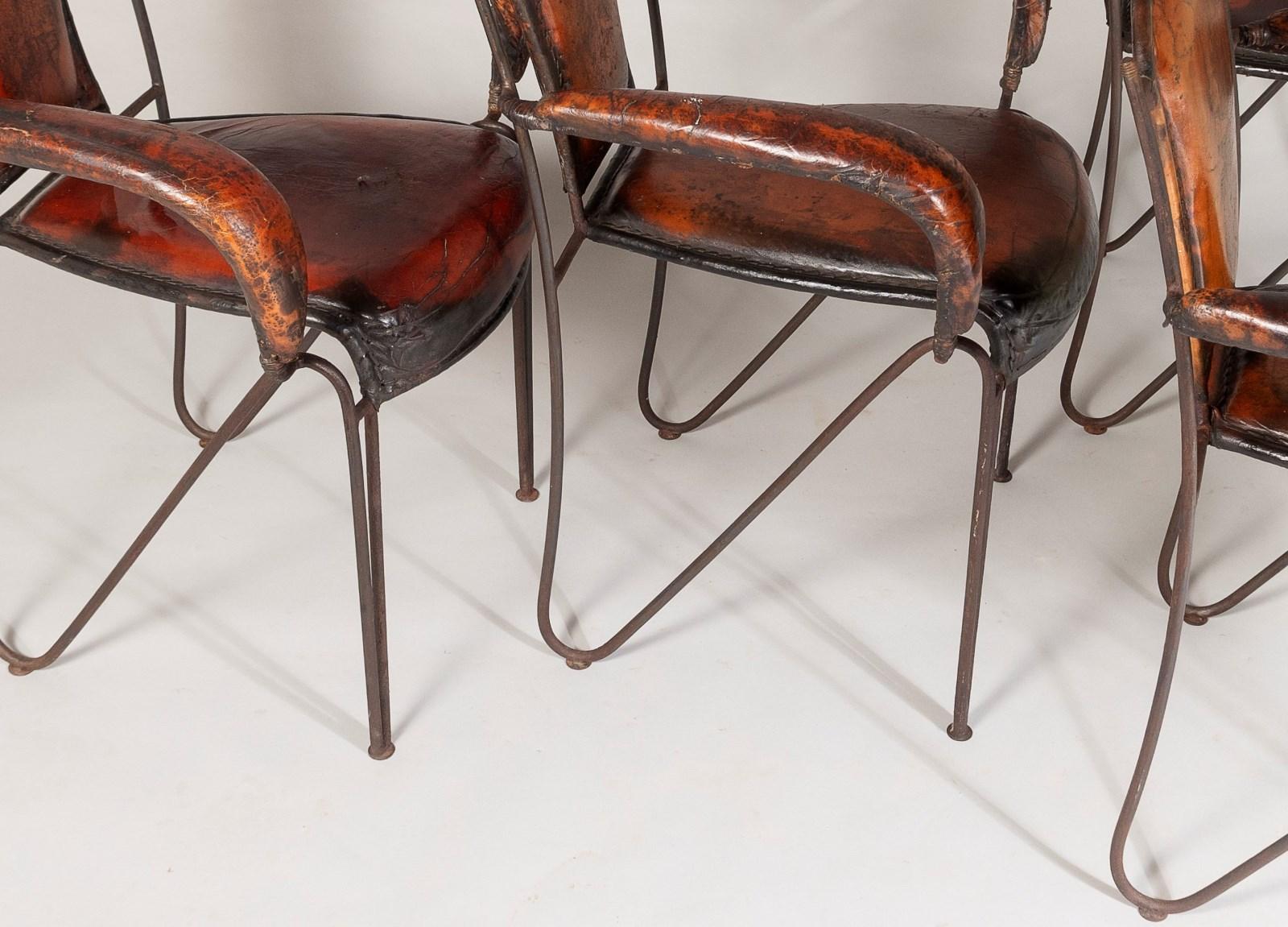 French 1950s Jacques Adnet Hand Stitched Leather Iron Armchairs - Set of 4 For Sale 10