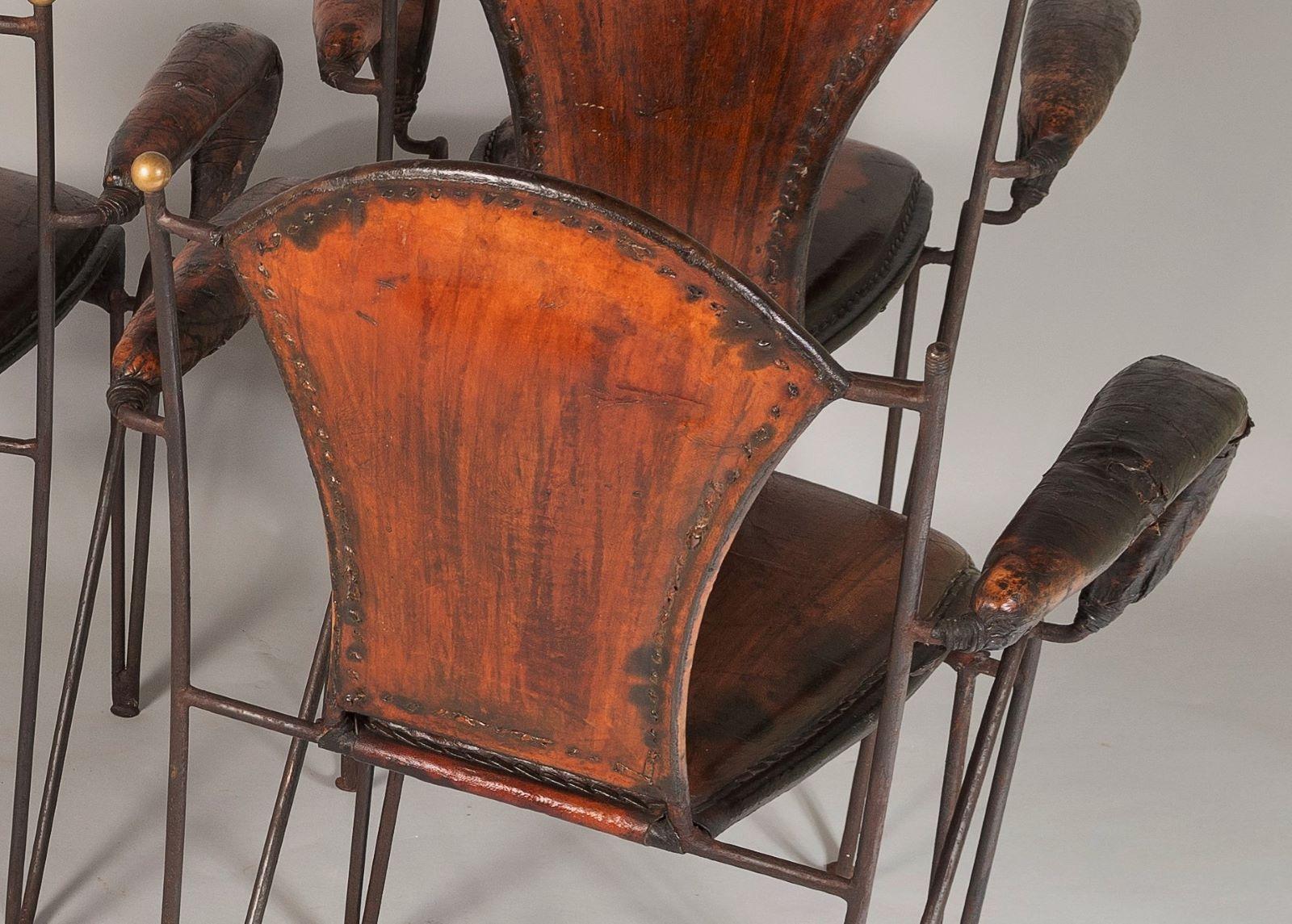 French 1950s Jacques Adnet Hand Stitched Leather Iron Armchairs - Set of 4 For Sale 11