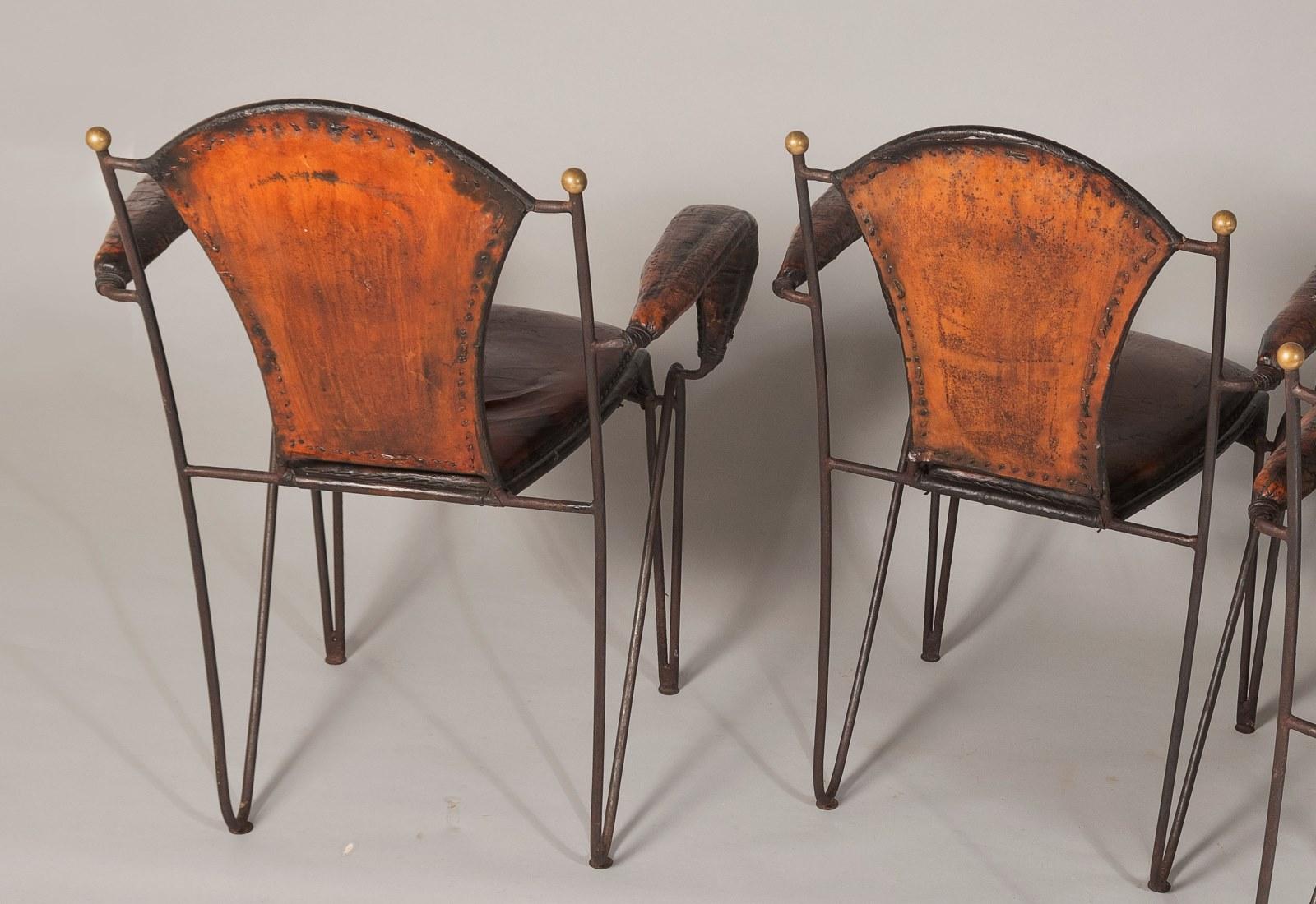 French 1950s Jacques Adnet Hand Stitched Leather Iron Armchairs - Set of 4 For Sale 12