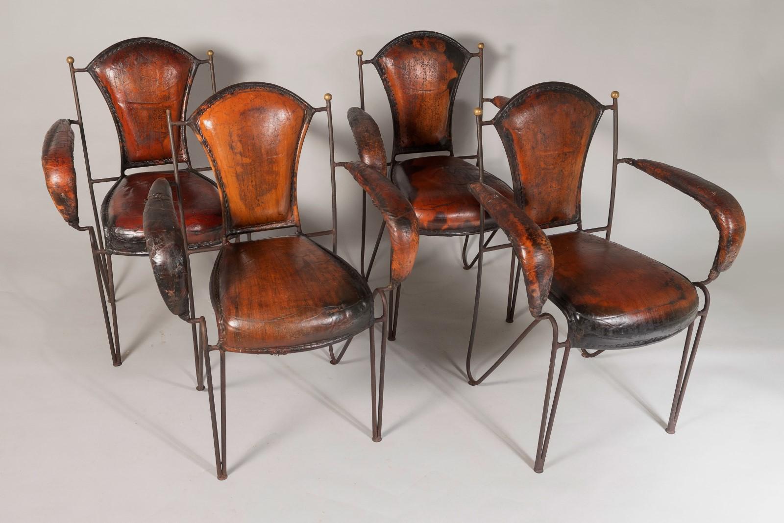 Art Deco French 1950s Jacques Adnet Hand Stitched Leather Iron Armchairs - Set of 4 For Sale