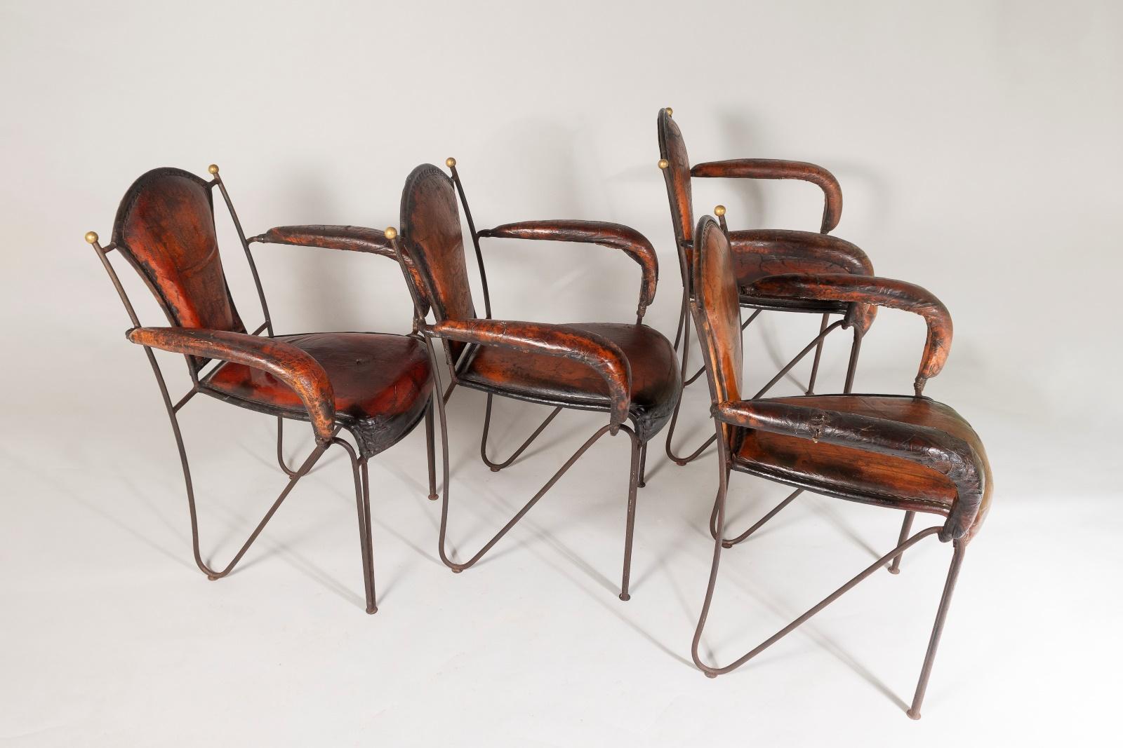 French 1950s Jacques Adnet Hand Stitched Leather Iron Armchairs - Set of 4 In Fair Condition For Sale In Llanbrynmair, GB