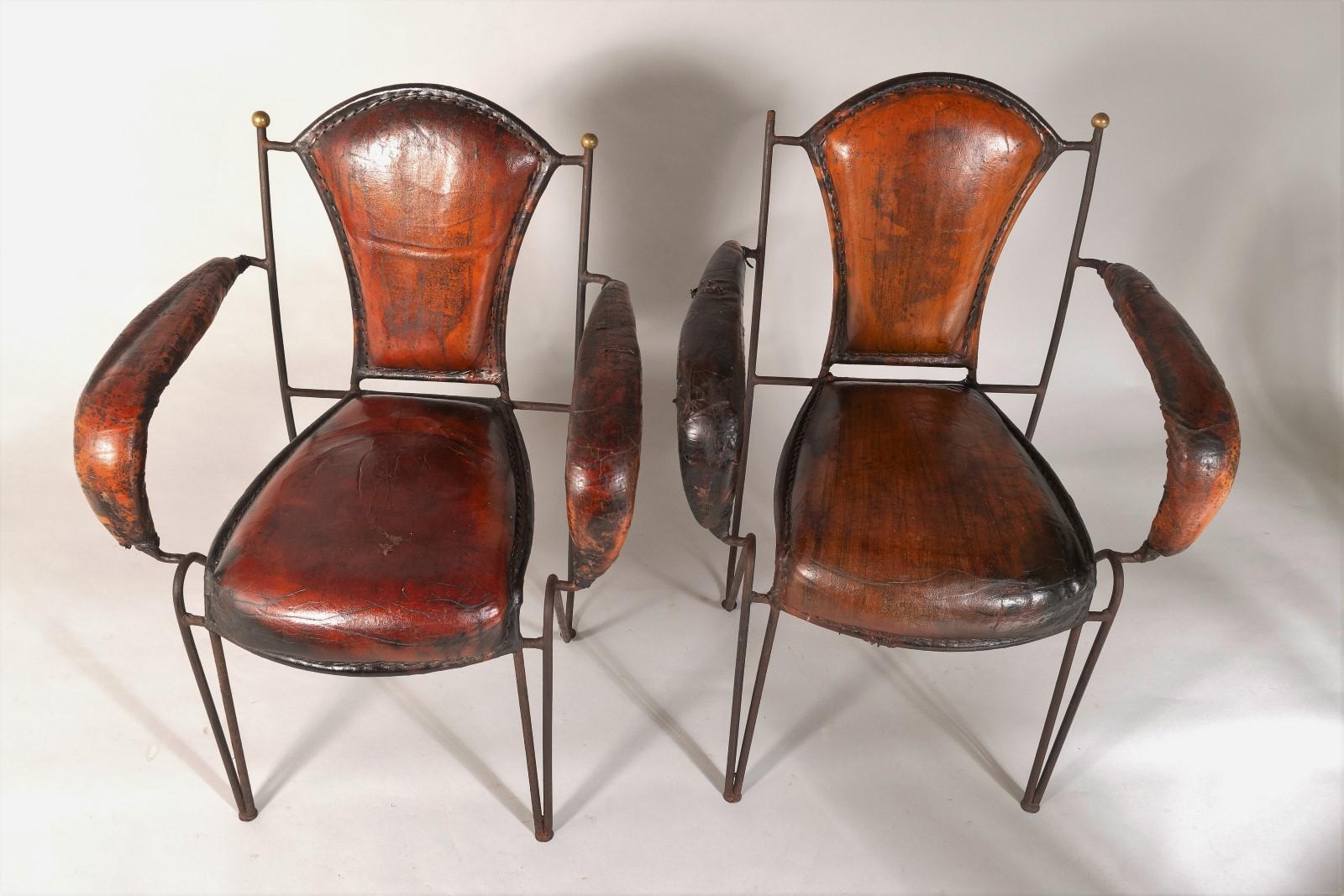 20th Century French 1950s Jacques Adnet Hand Stitched Leather Iron Armchairs - Set of 4 For Sale