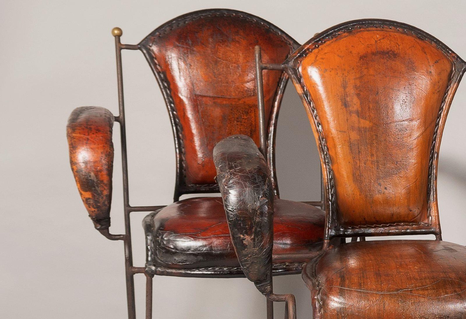 French 1950s Jacques Adnet Hand Stitched Leather Iron Armchairs - Set of 4 For Sale 1