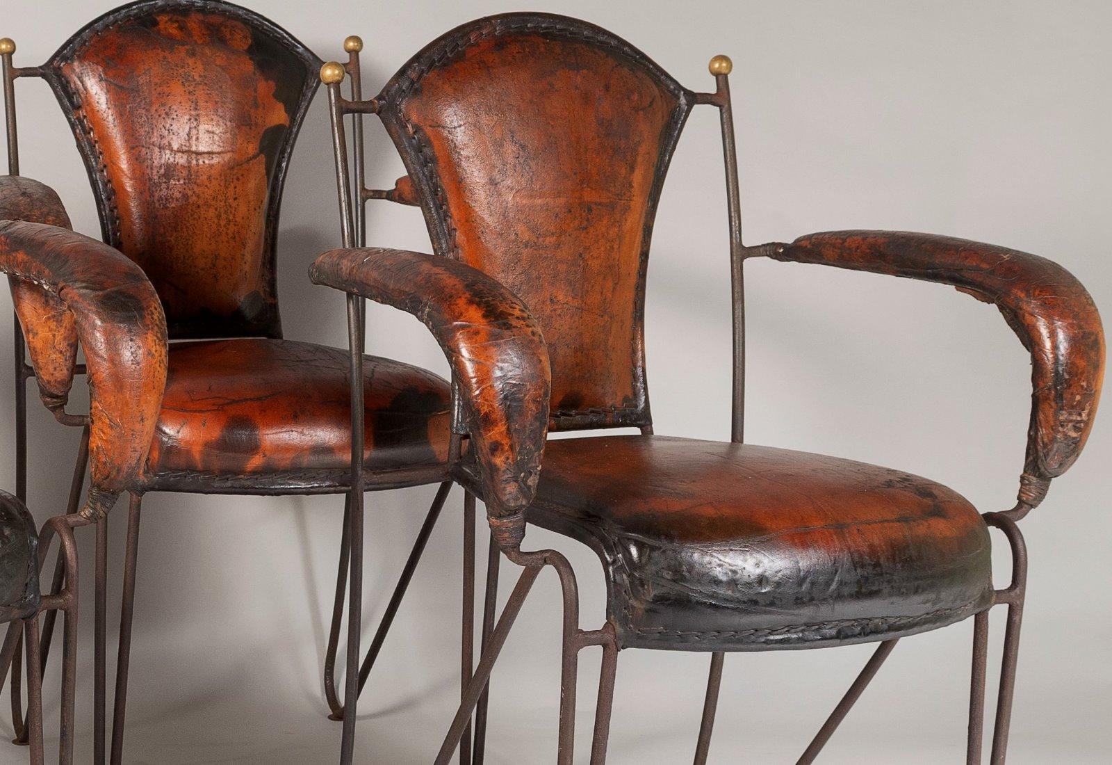French 1950s Jacques Adnet Hand Stitched Leather Iron Armchairs - Set of 4 For Sale 2