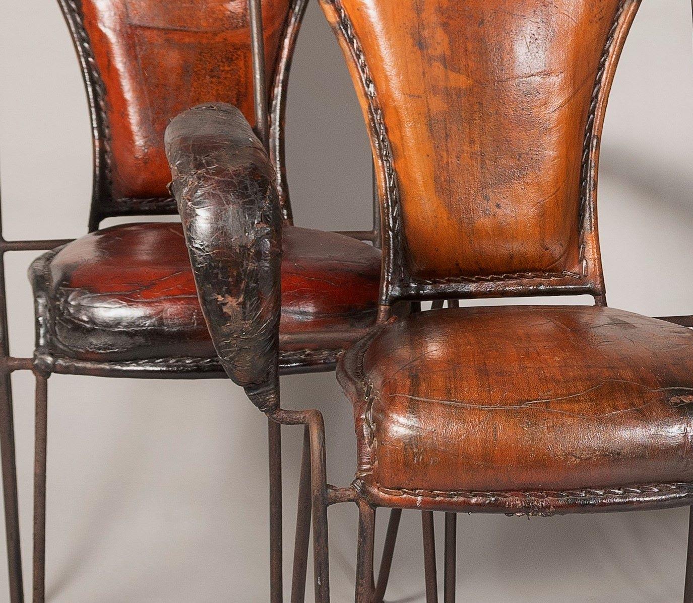 French 1950s Jacques Adnet Hand Stitched Leather Iron Armchairs - Set of 4 For Sale 3