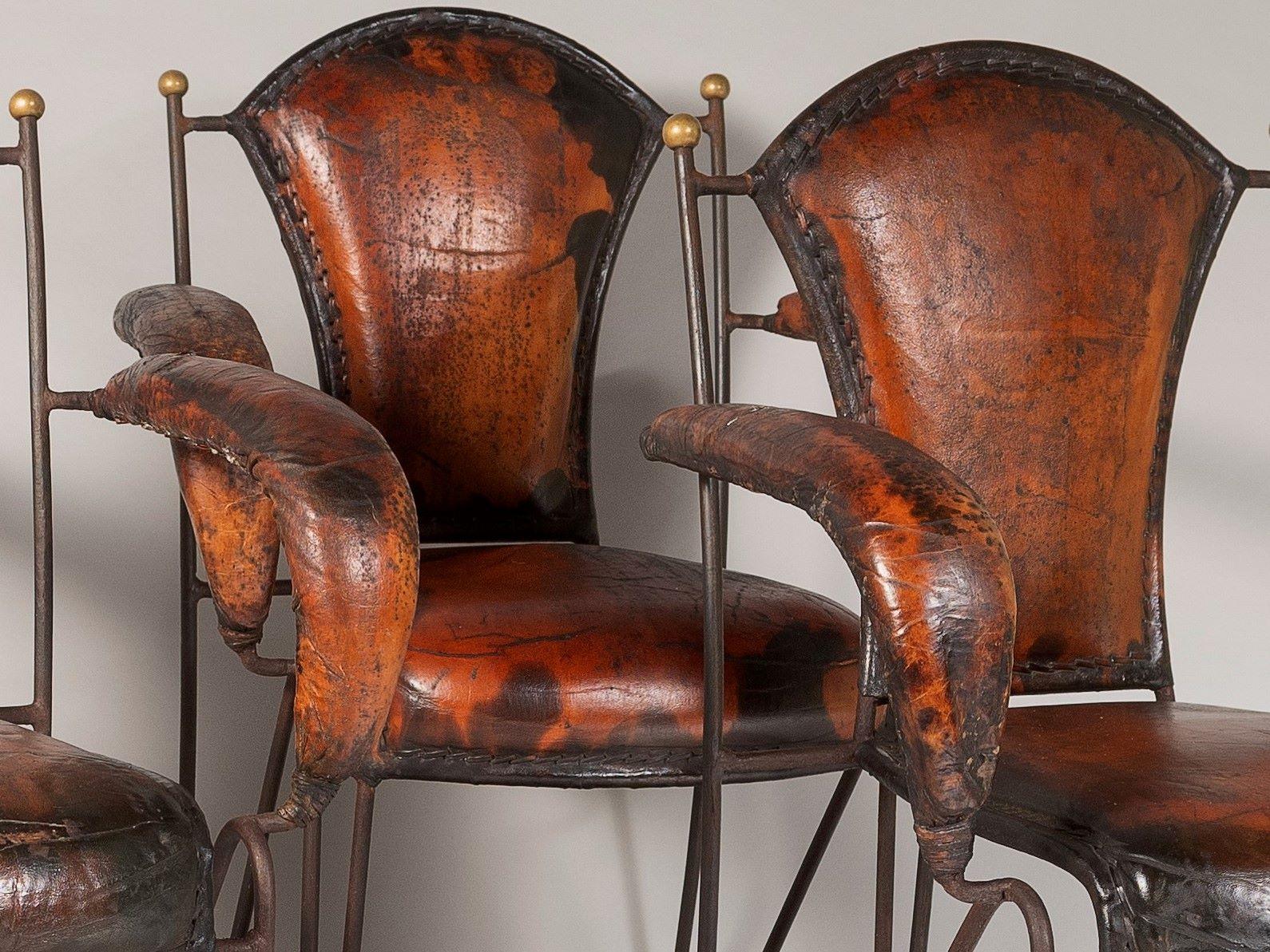 French 1950s Jacques Adnet Hand Stitched Leather Iron Armchairs - Set of 4 For Sale 4