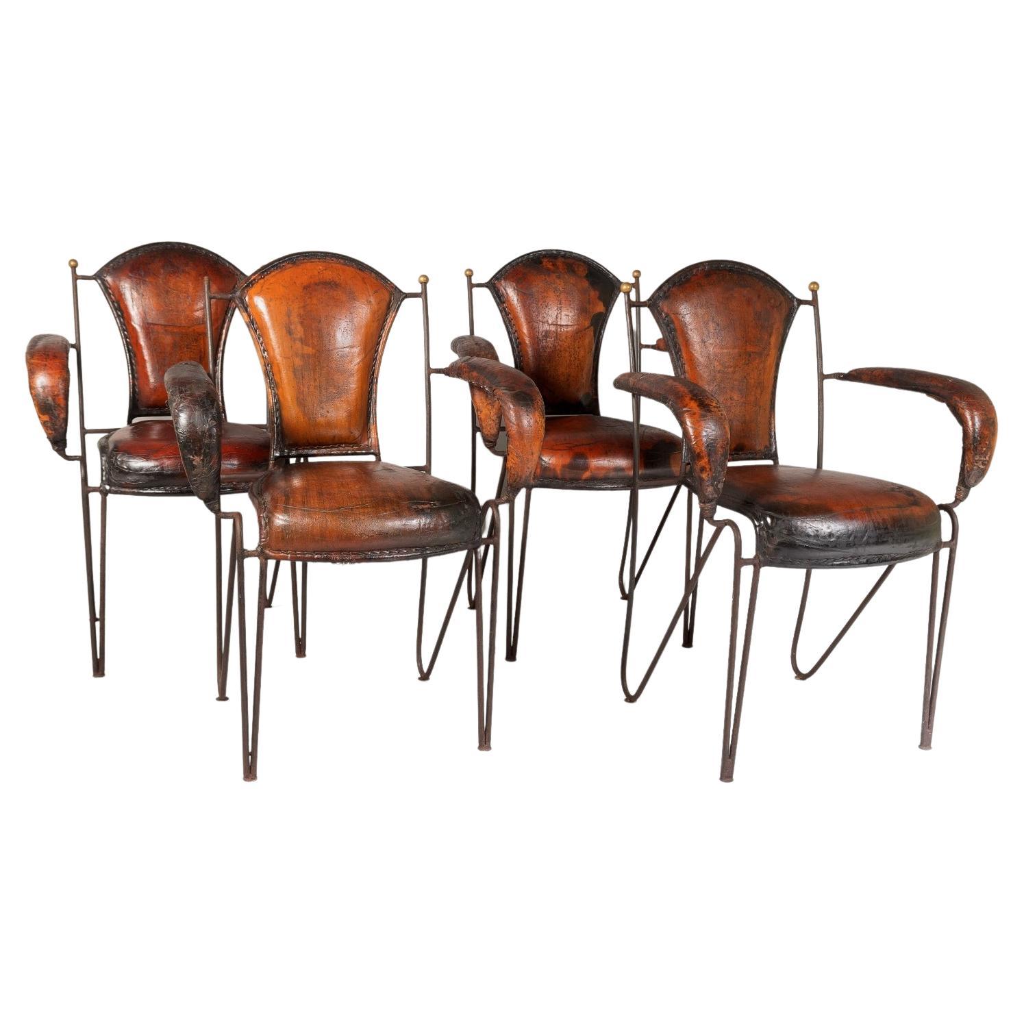 French 1950s Jacques Adnet Hand Stitched Leather Iron Armchairs - Set of 4 For Sale