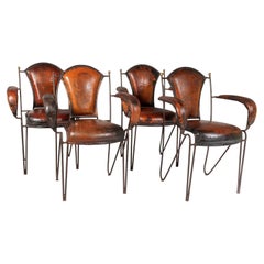Vintage French 1950s Jacques Adnet Hand Stitched Leather Iron Armchairs - Set of 4