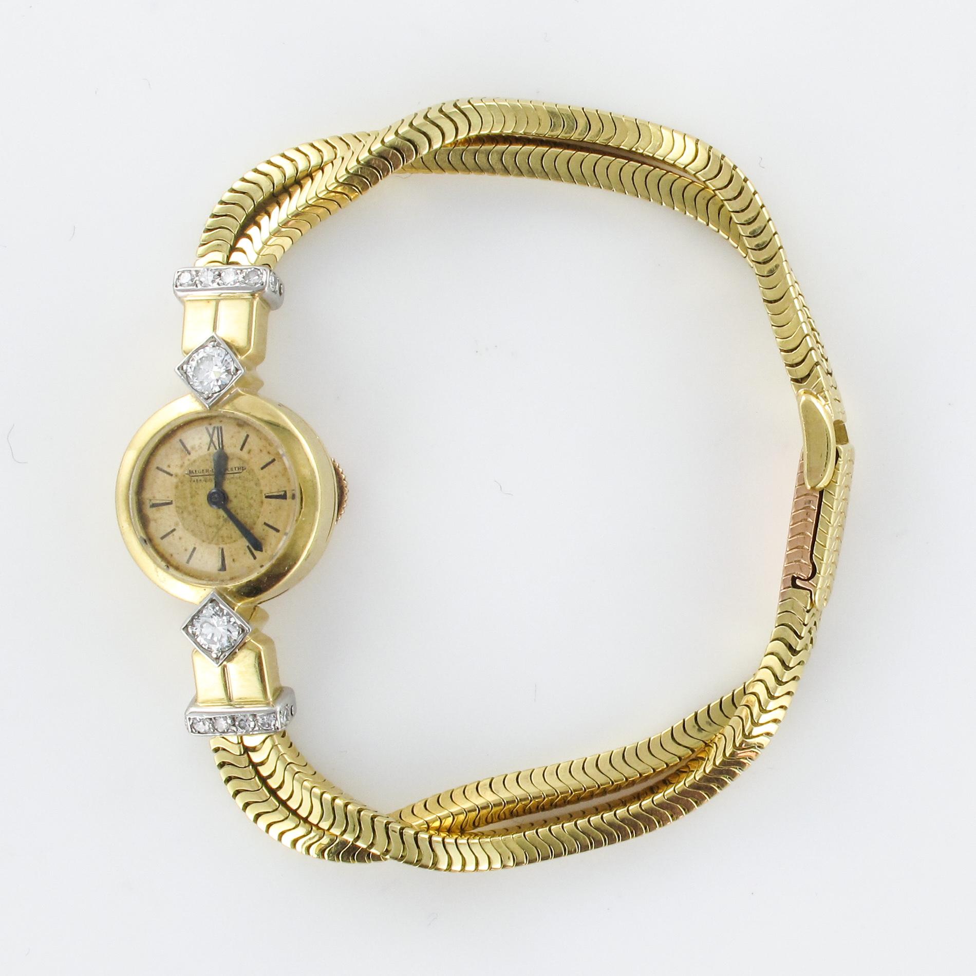 French 1950s Jaeger Le Coultre Diamonds 18 Karat Yellow Gold Women Watch 5