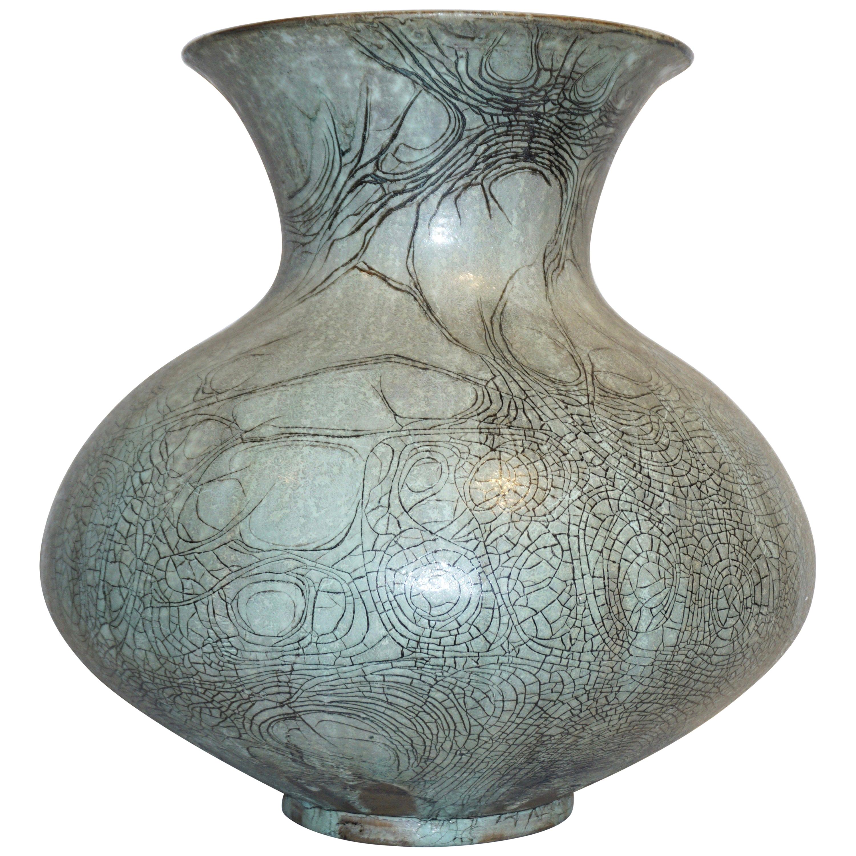 French 1950s La Borne Ceramics Large Gray Enameled Stoneware "Graffiti" Vase