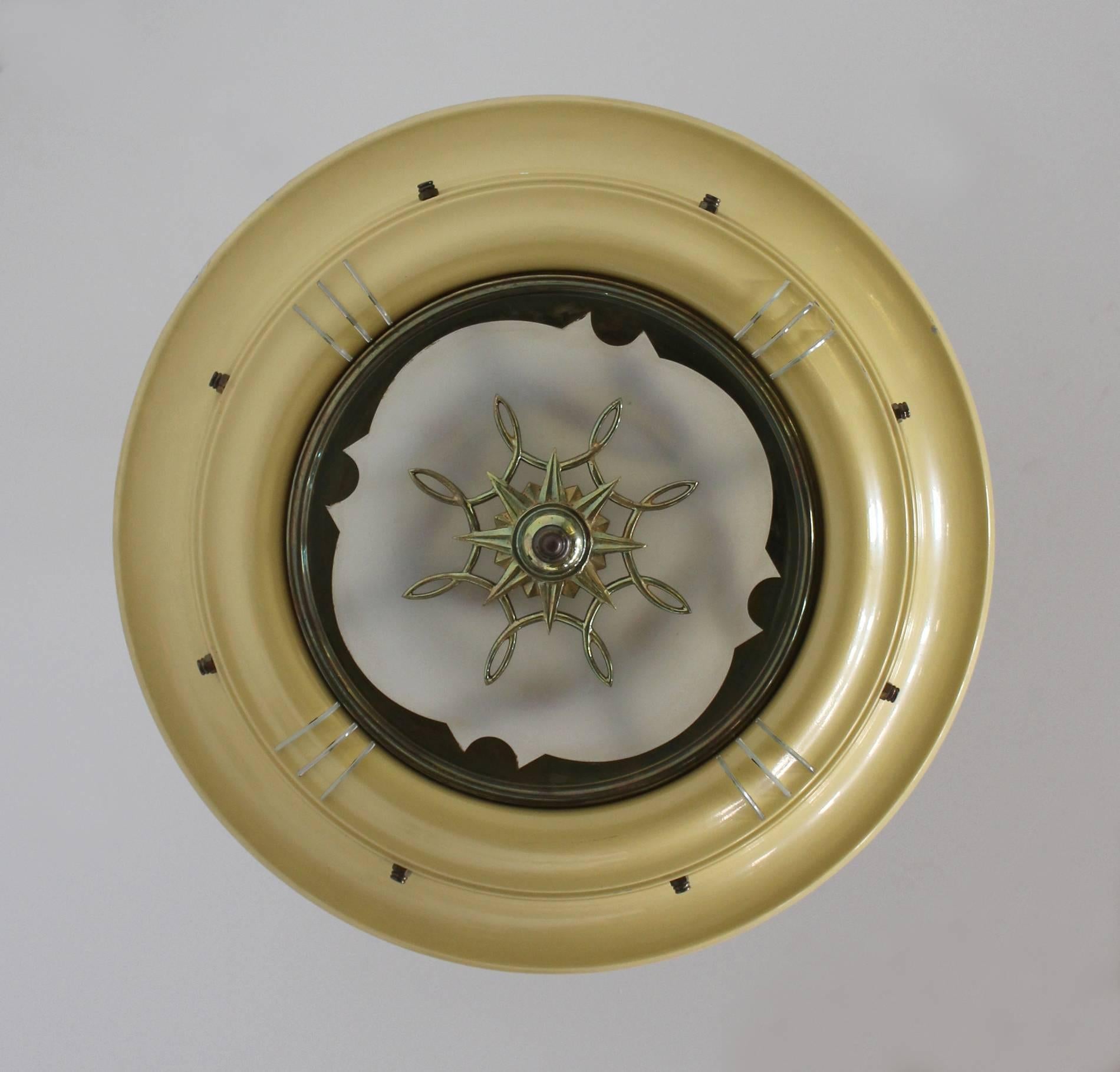 French 1950s Lacquered Metal, Frosted Glass Chandelier with Brass Details For Sale 4