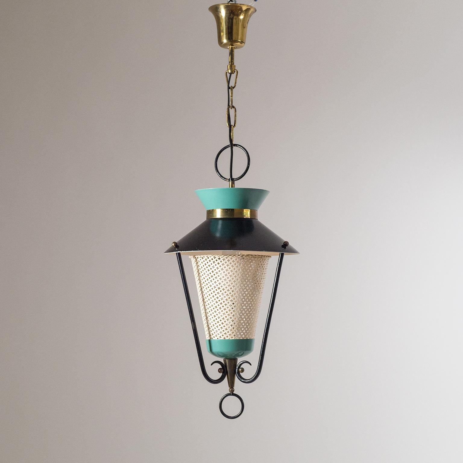 Classic French midcentury lantern from the 1950s in brass and lacquered steel. Lovely color scheme in black, dark mint and off-white with brass details. Fine original condition with some light wear to the original lacquer. One brass and ceramic E27