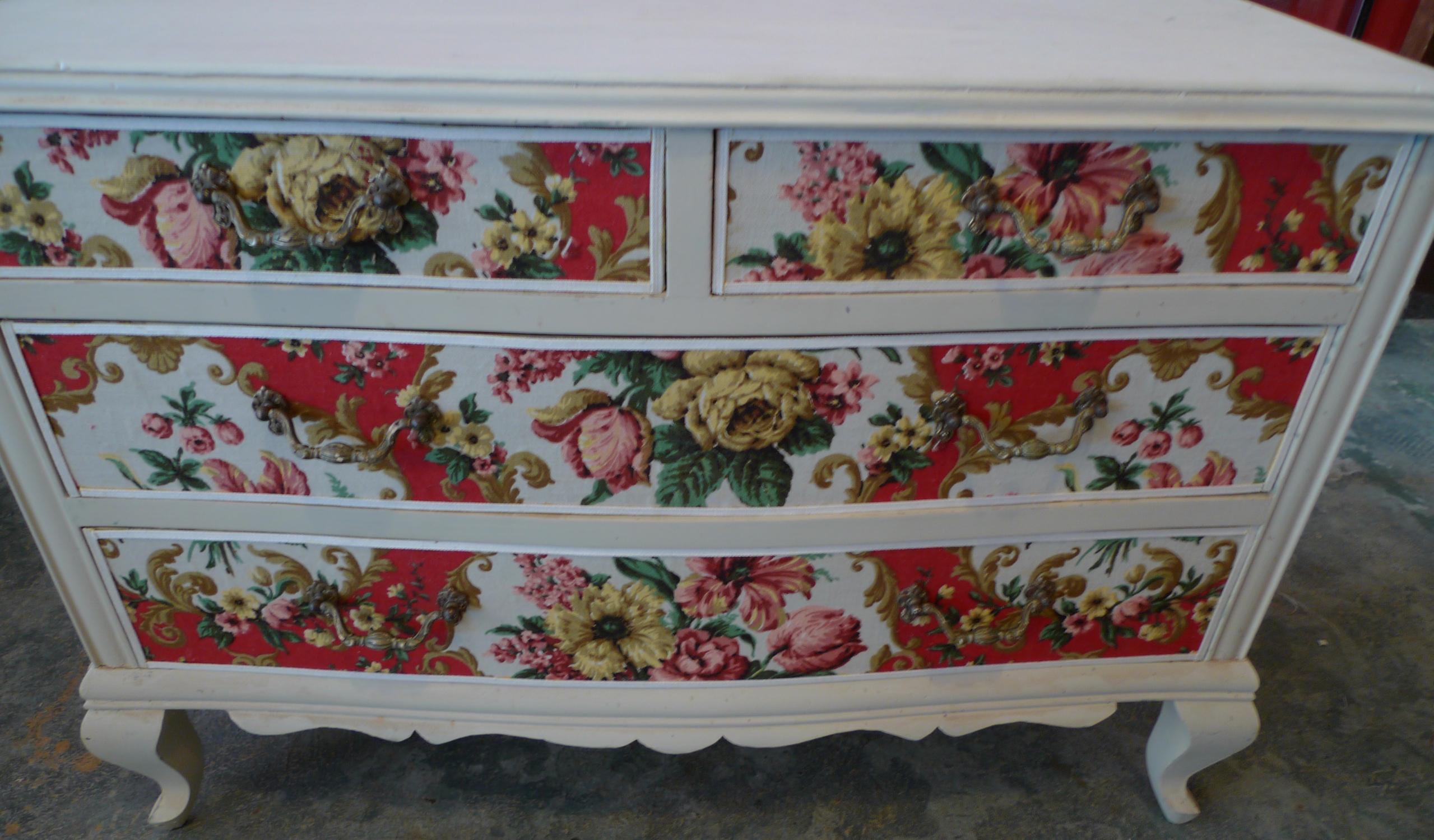 French 1950s Louis XV Style Painted Pine and Fabric Chest with 4 Drawers 5