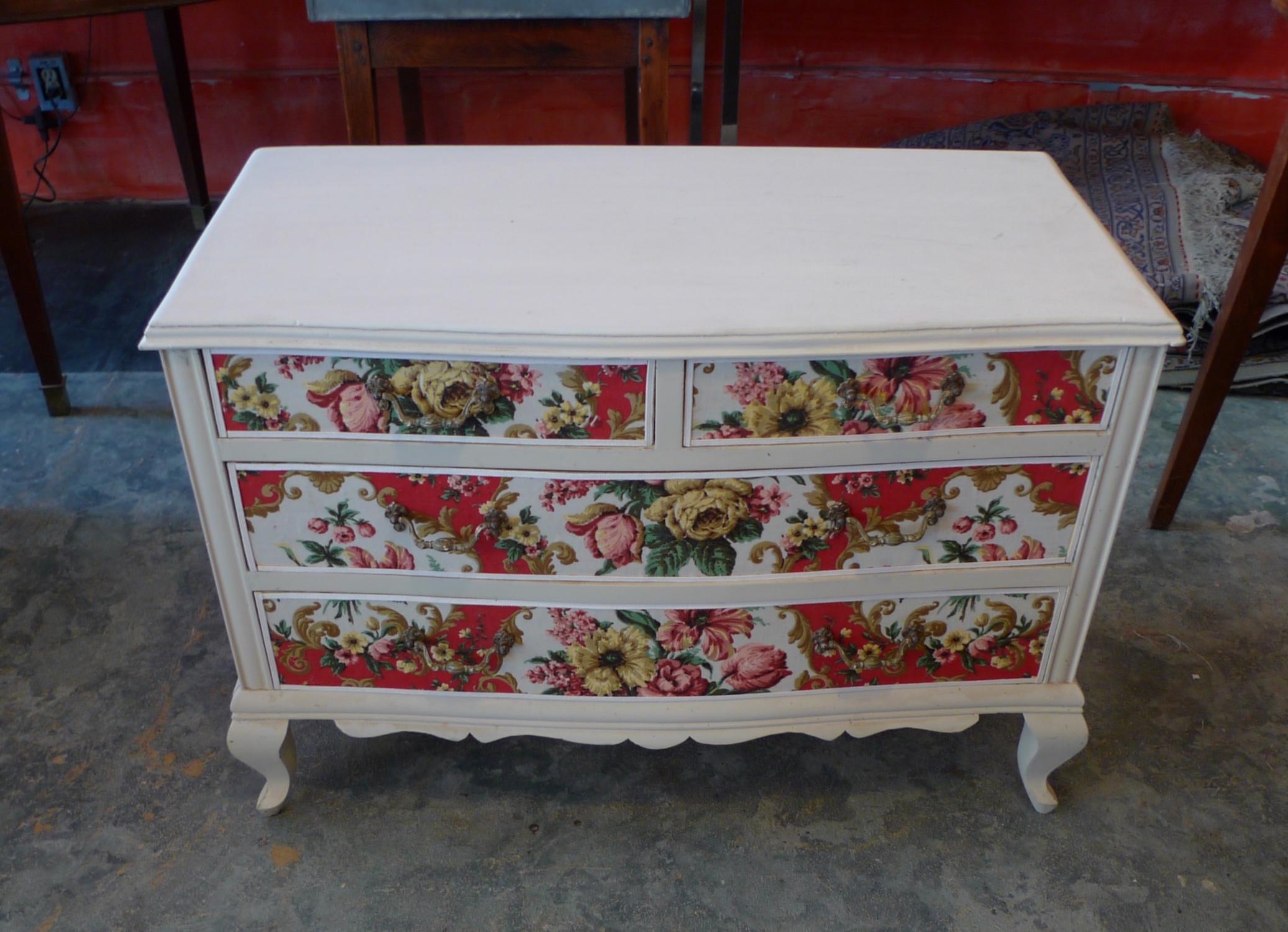 French 1950s Louis XV style hand painted pine and fabric chest of drawers with 4 drawers and original hardware.