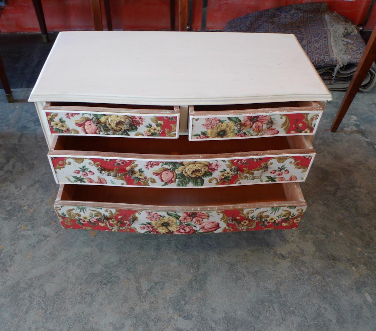 20th Century French 1950s Louis XV Style Painted Pine and Fabric Chest with 4 Drawers