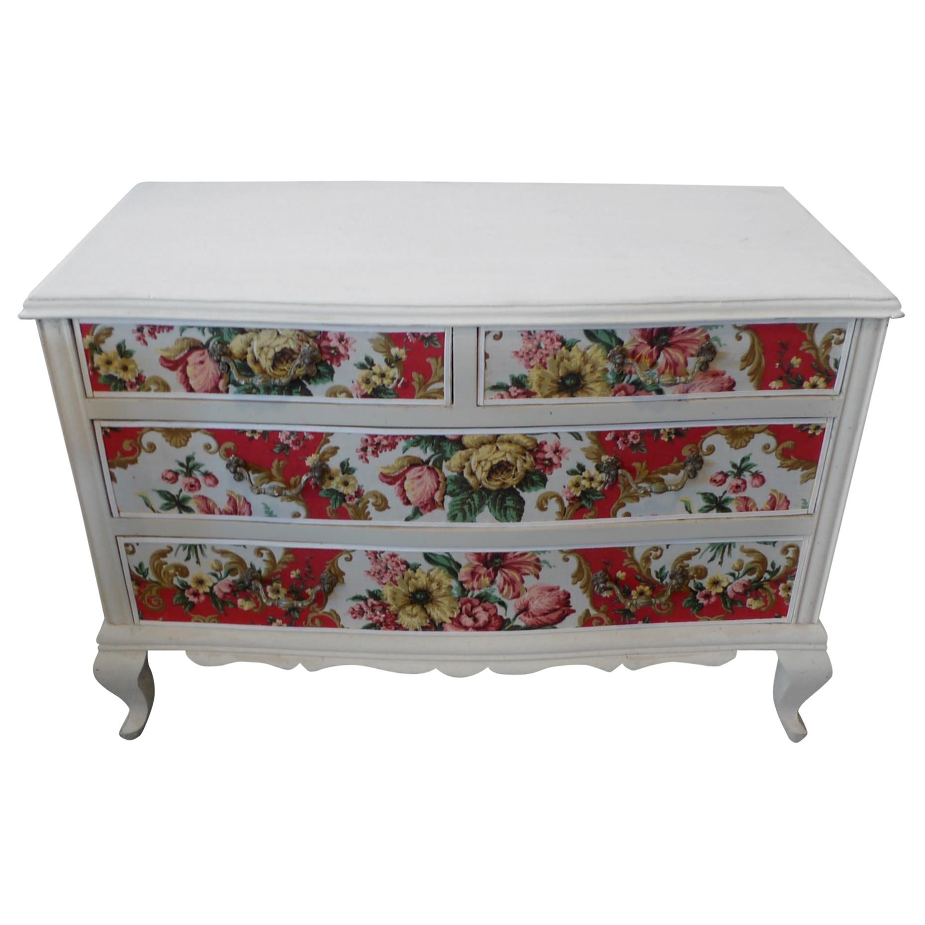 French 1950s Louis XV Style Painted Pine and Fabric Chest with 4 Drawers
