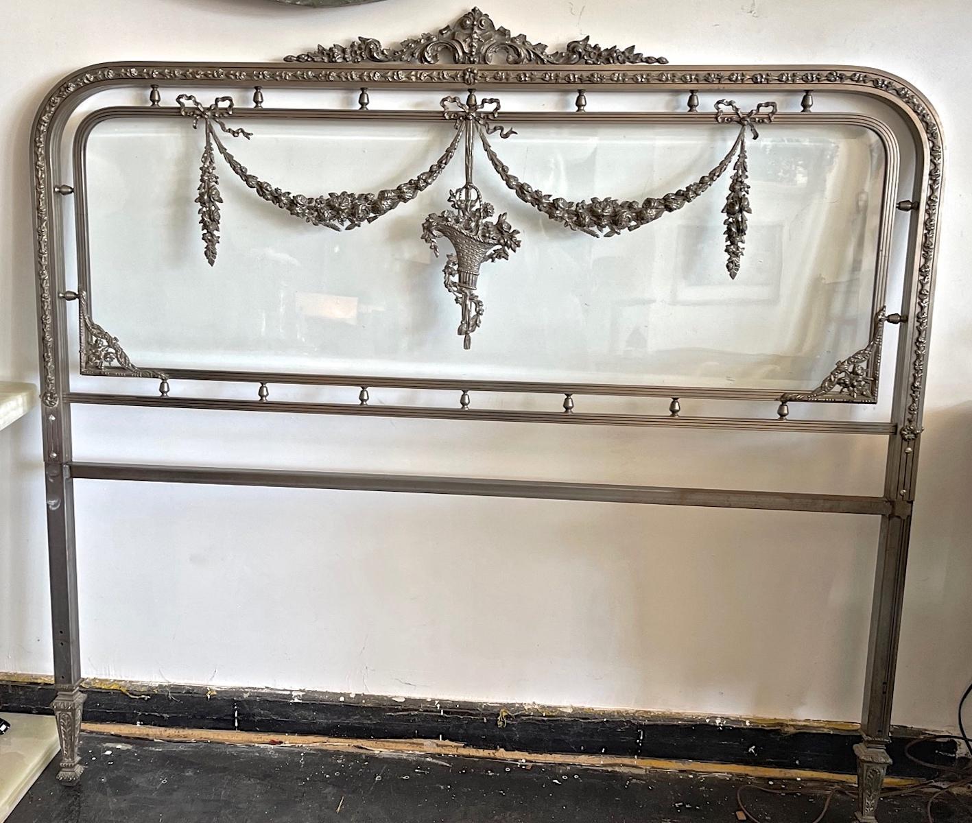 French 1950s Louis XVI Metal and Glass Bed Frame with Head and Footboard
