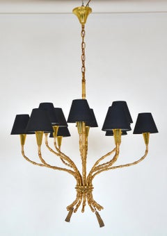 French 1950s Maison Jansen Bagues Style Postwar Brass Bamboo 12 Light Chandelier