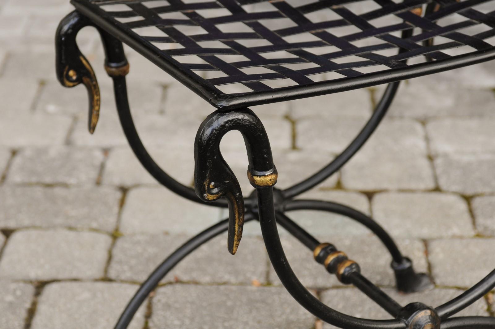 French 1950s Maison Jansen Style Metal Curule Stool with Swan Heads and Paw Feet 5