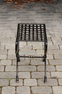 French 1950s Maison Jansen Style Metal Curule Stool with Swan Heads and Paw Feet