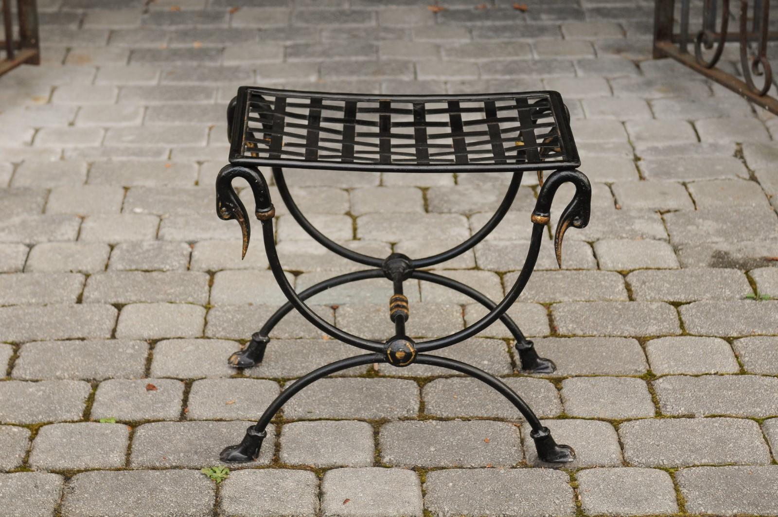 Gilt French 1950s Maison Jansen Style Metal Curule Stool with Swan Heads and Paw Feet