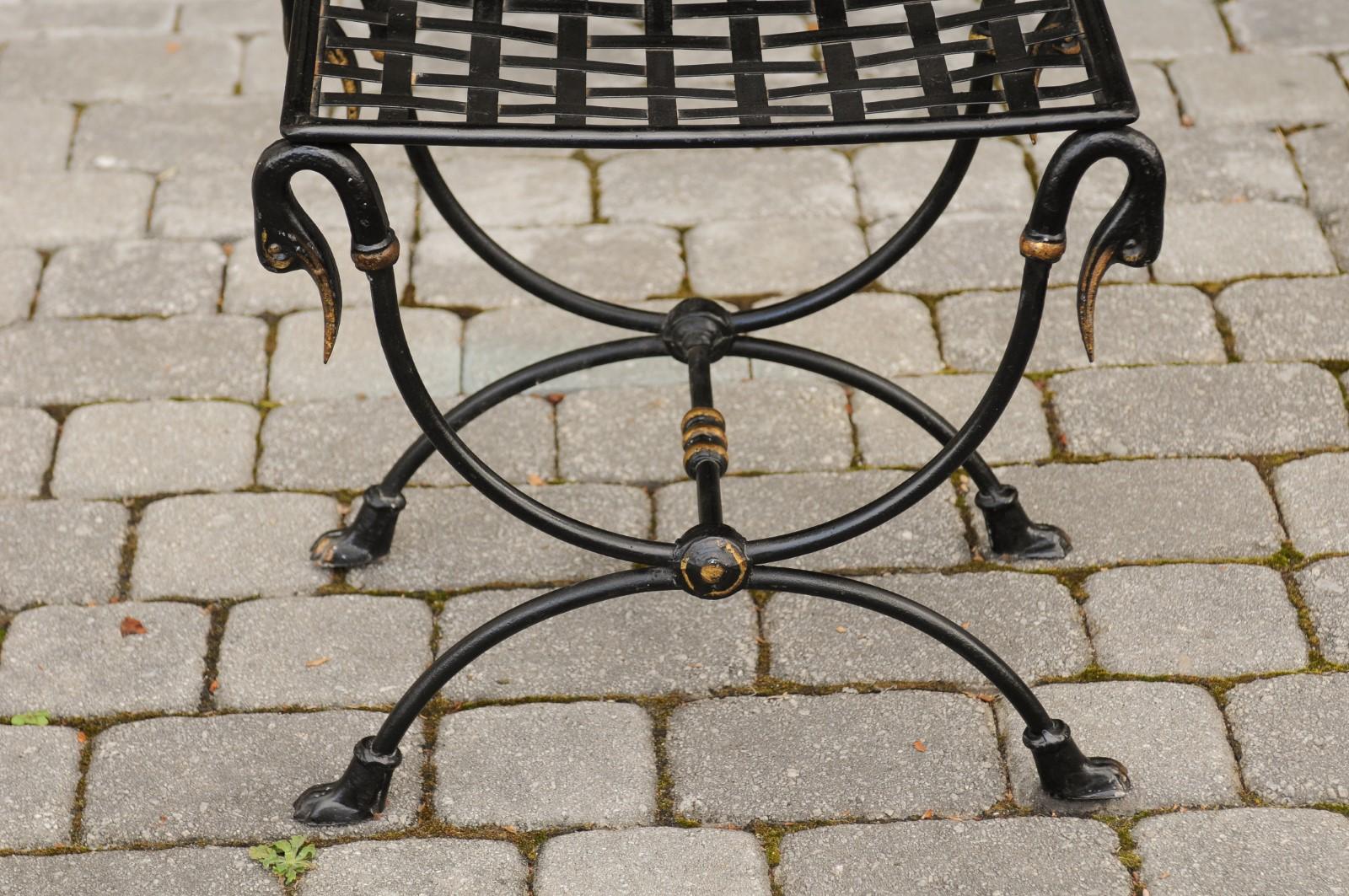 French 1950s Maison Jansen Style Metal Curule Stool with Swan Heads and Paw Feet In Good Condition In Atlanta, GA