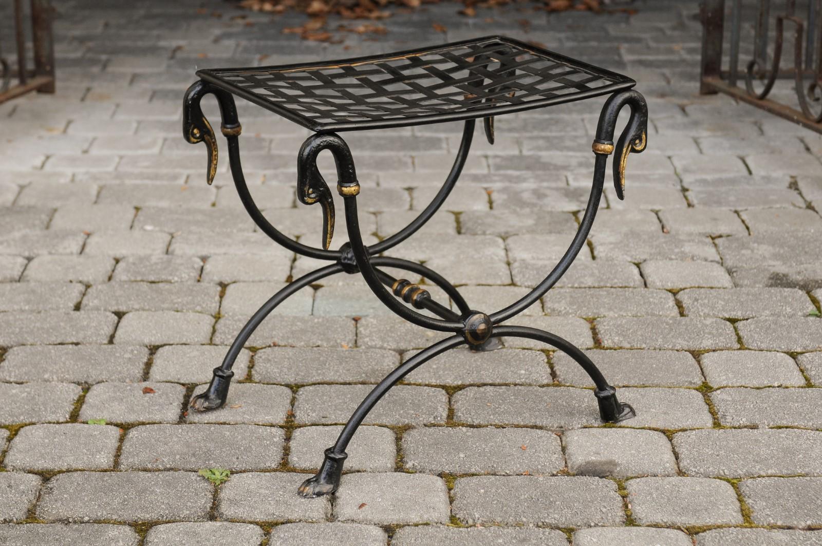 French 1950s Maison Jansen Style Metal Curule Stool with Swan Heads and Paw Feet 3