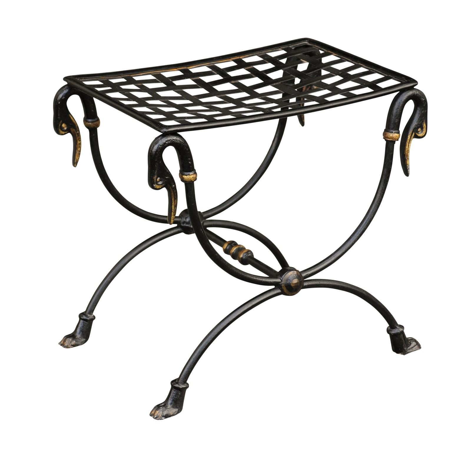 French 1950s Maison Jansen Style Metal Curule Stool with Swan Heads and Paw Feet