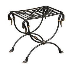 French 1950s Maison Jansen Style Metal Curule Stool with Swan Heads and Paw Feet