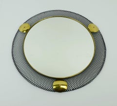 french 1950's mid century WALL MIRROR with wire mesh frame and brass
