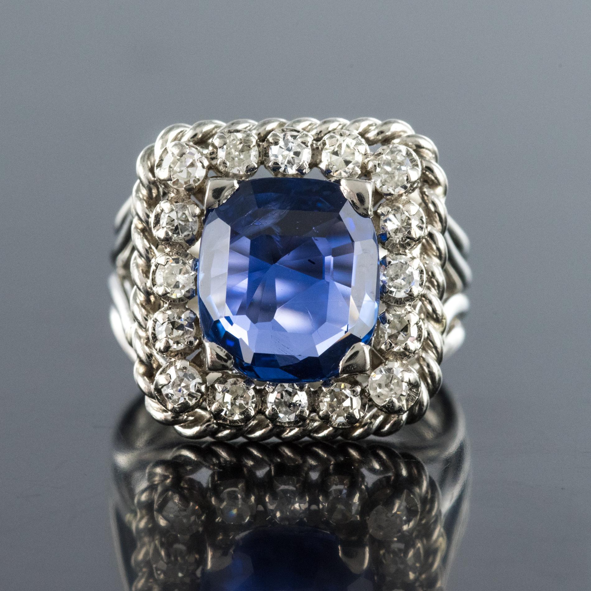 Retro French 1950s No Heat Cushion Cut Ceylon Sapphire Diamonds Platinum Ring For Sale
