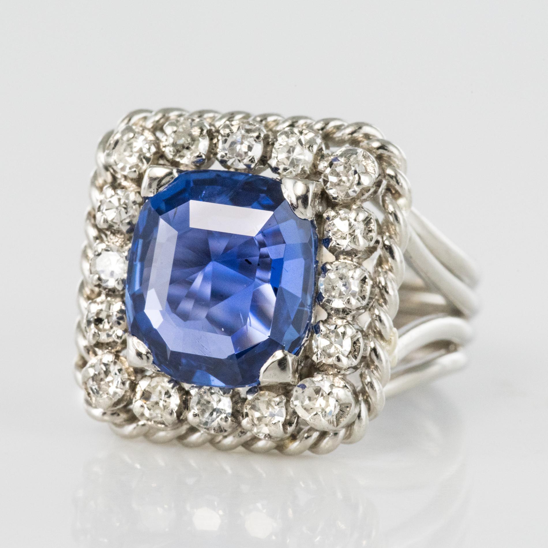 French 1950s No Heat Cushion Cut Ceylon Sapphire Diamonds Platinum Ring 1