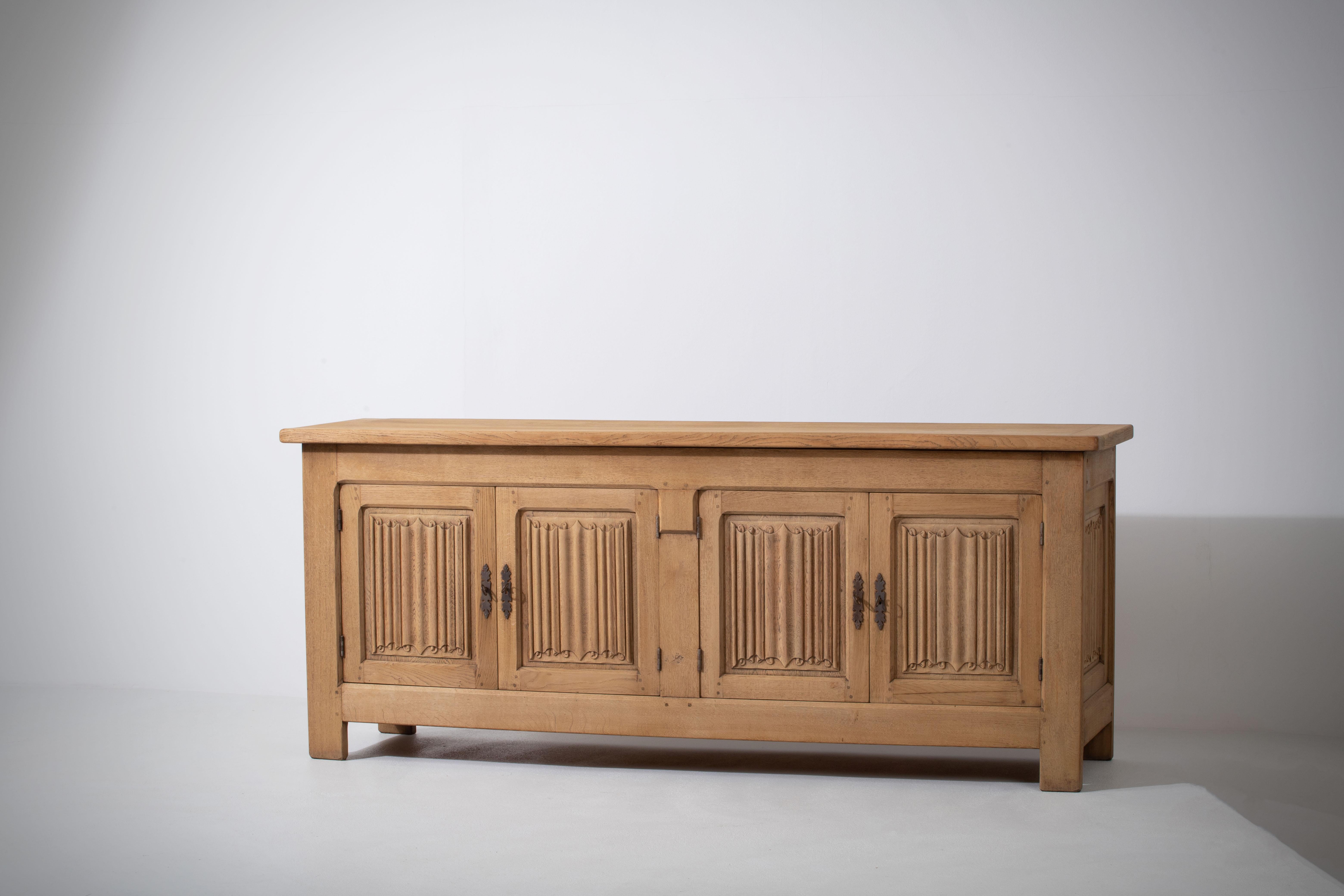 French 1950s Natural Oak Sideboard with Intricate Carved Panels 5