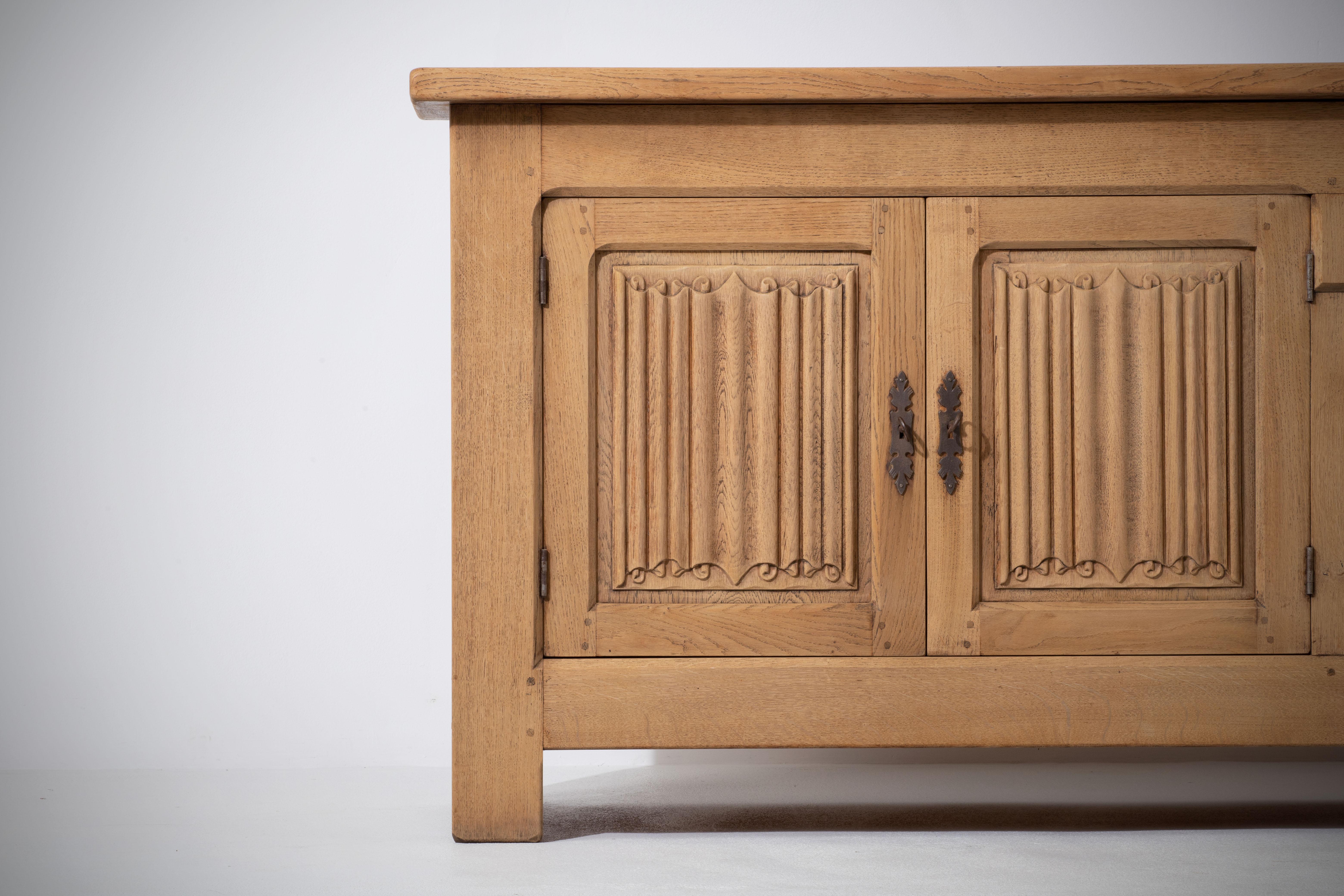 French 1950s Natural Oak Sideboard with Intricate Carved Panels 6