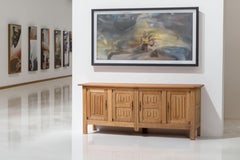 French 1950s Natural Oak Sideboard with Intricate Carved Panels