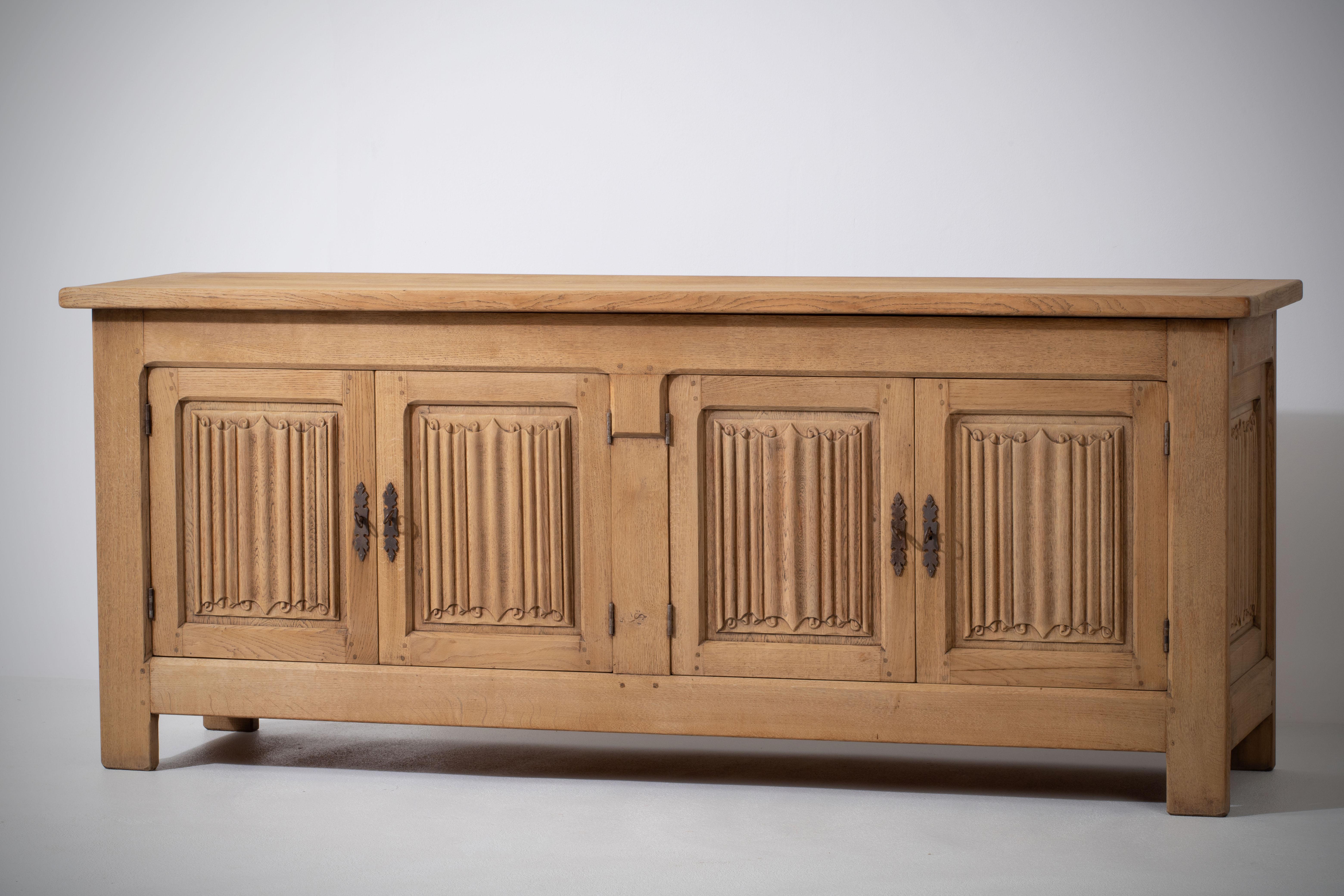 French 1950s Natural Oak Sideboard with Intricate Carved Panels 4