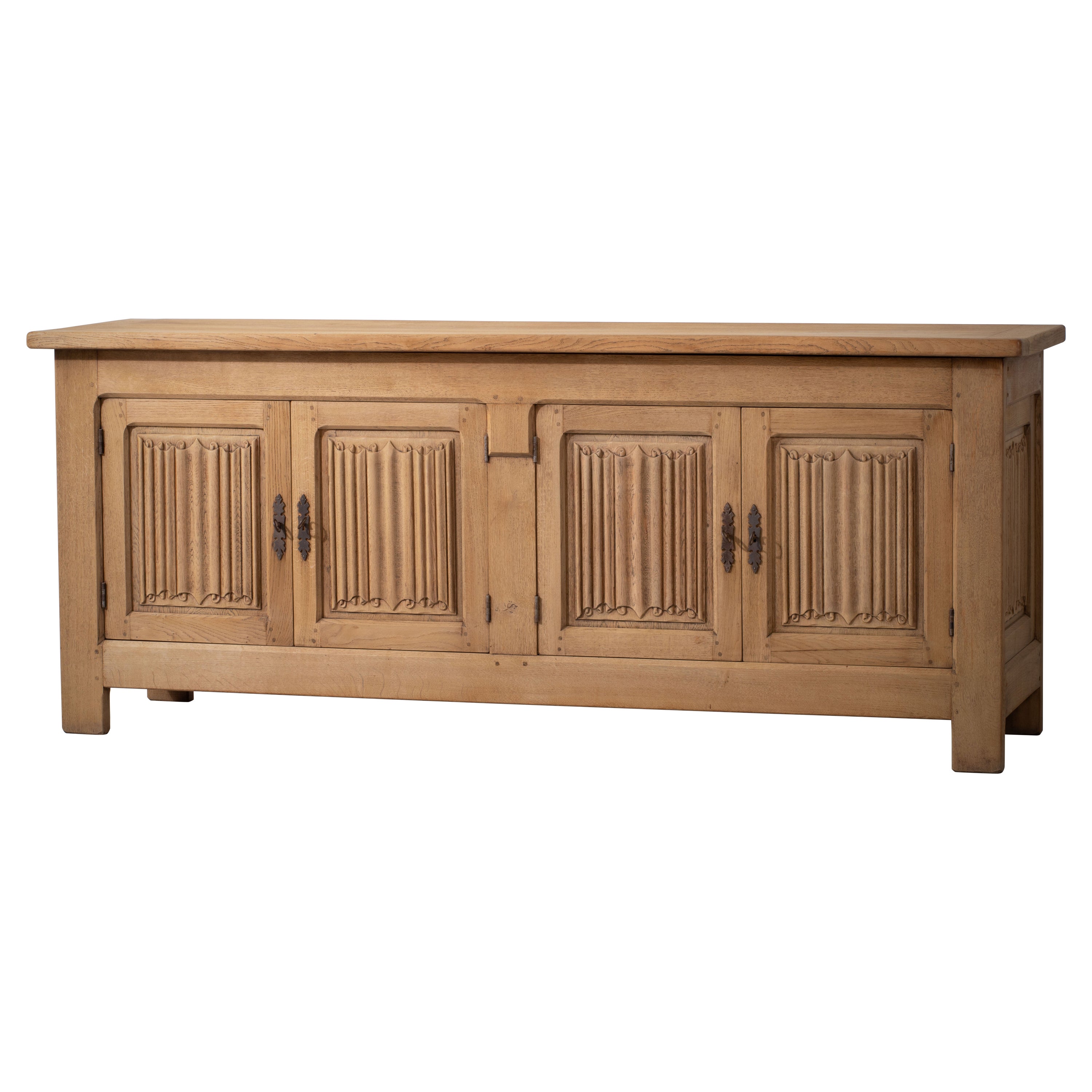 French 1950s Natural Oak Sideboard with Intricate Carved Panels