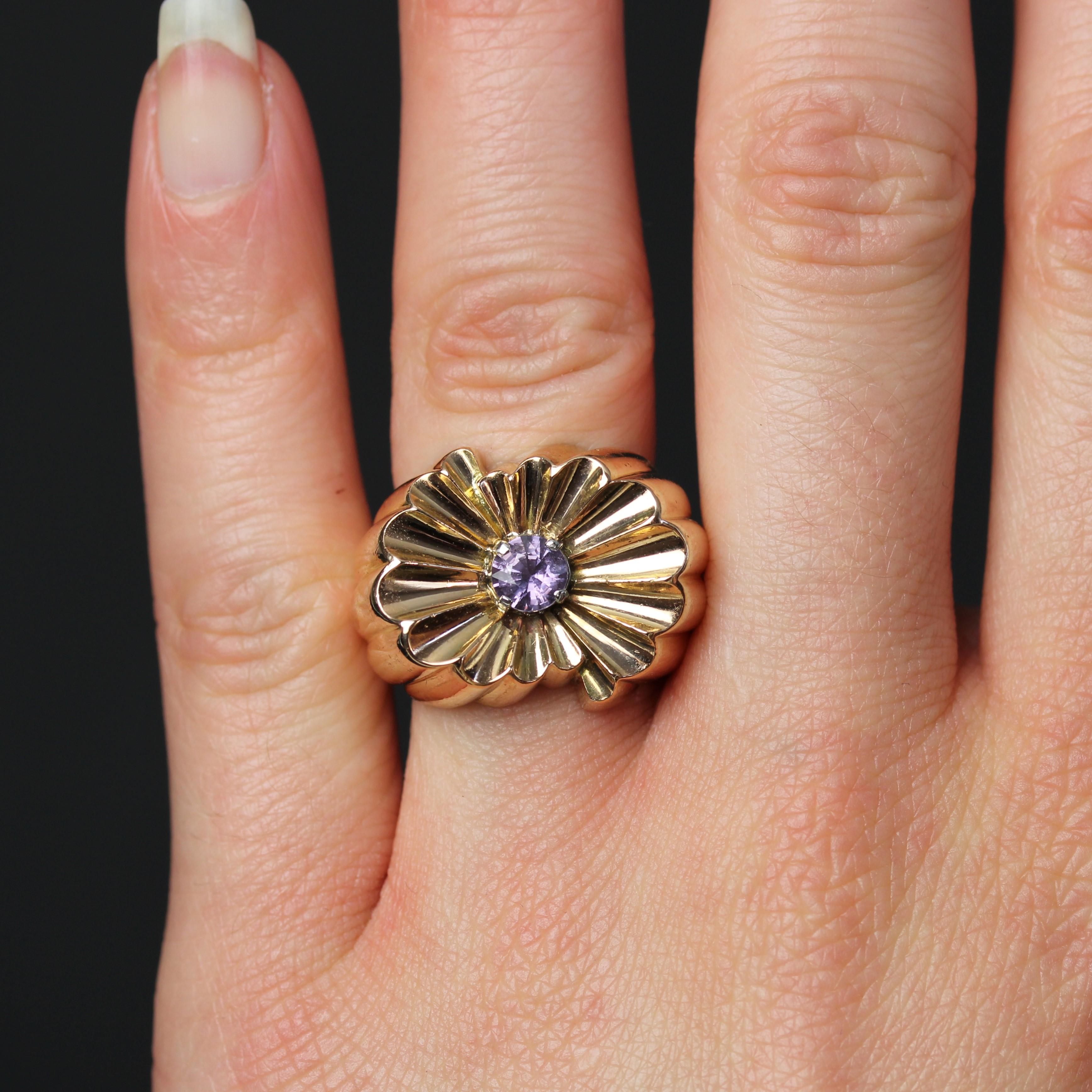 Women's French 1950s Natural Purple Sapphire 18 Karat Yellow Gold Gadrooned Tank Ring For Sale