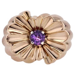 French 1950s Natural Purple Sapphire 18 Karat Yellow Gold Gadrooned Tank Ring