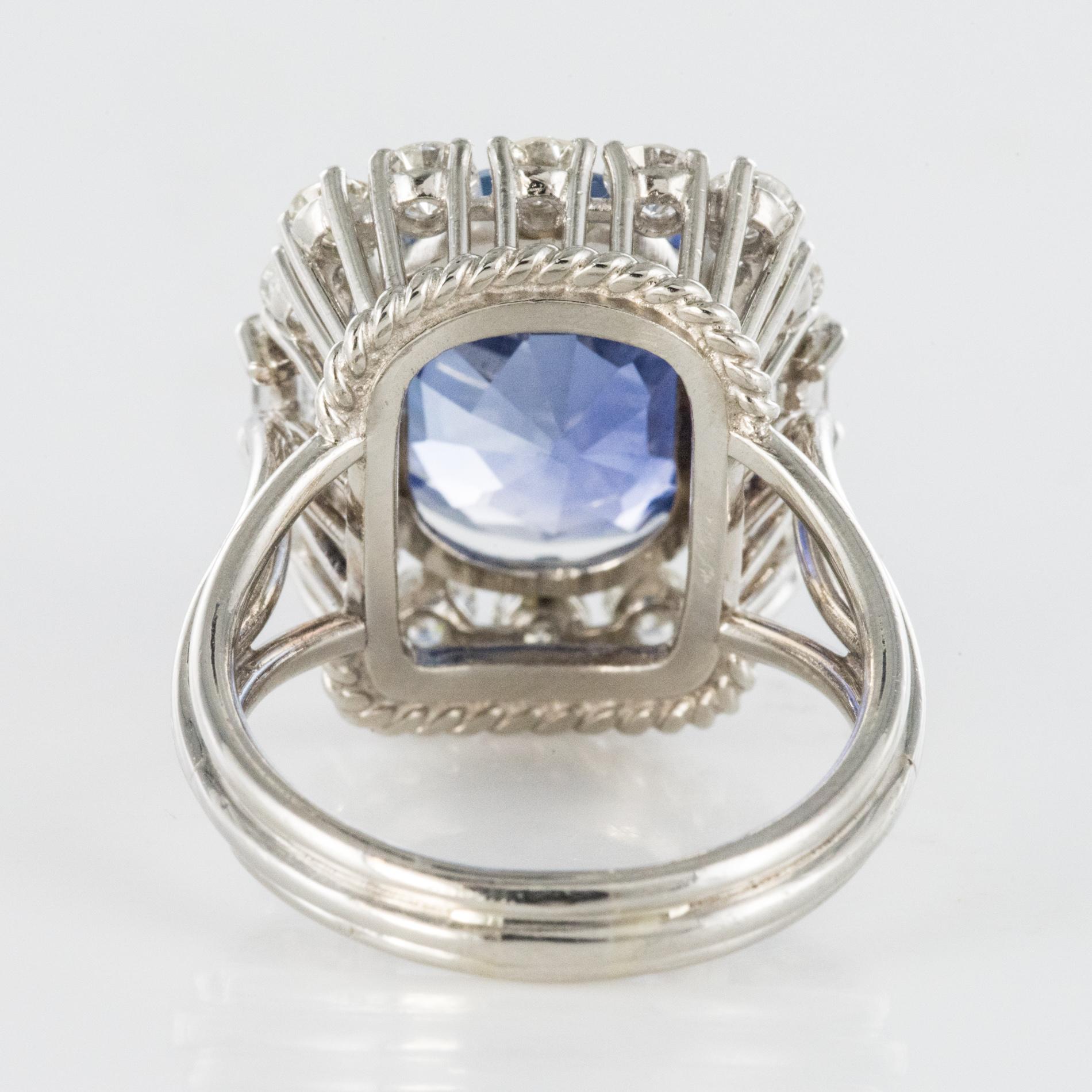 French 1950s No Heat Ceylon Cushion Cut Sapphire Diamonds Platinum Cocktail Ring For Sale 8