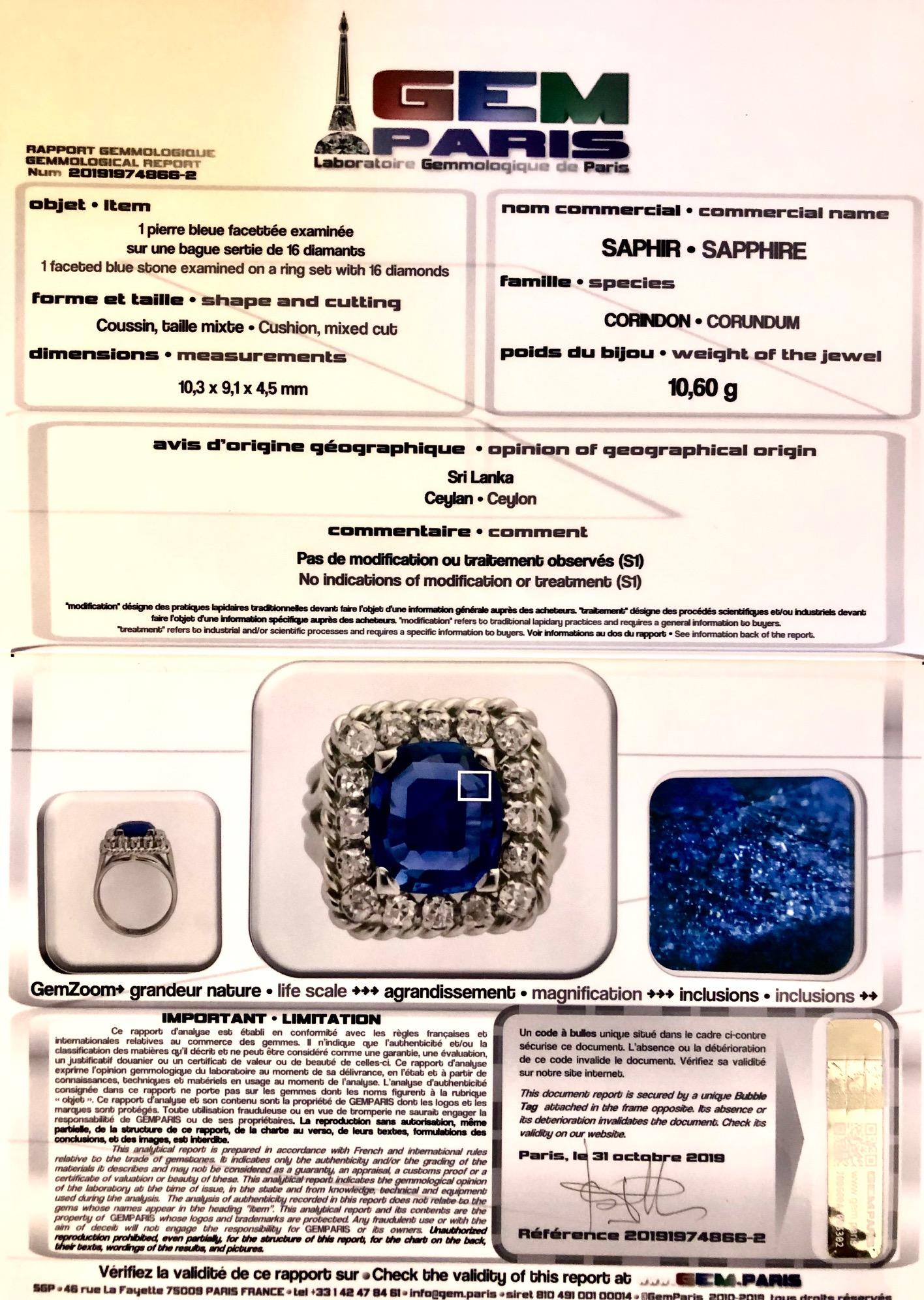 French 1950s No Heat Cushion Cut Ceylon Sapphire Diamonds Platinum Ring For Sale 11