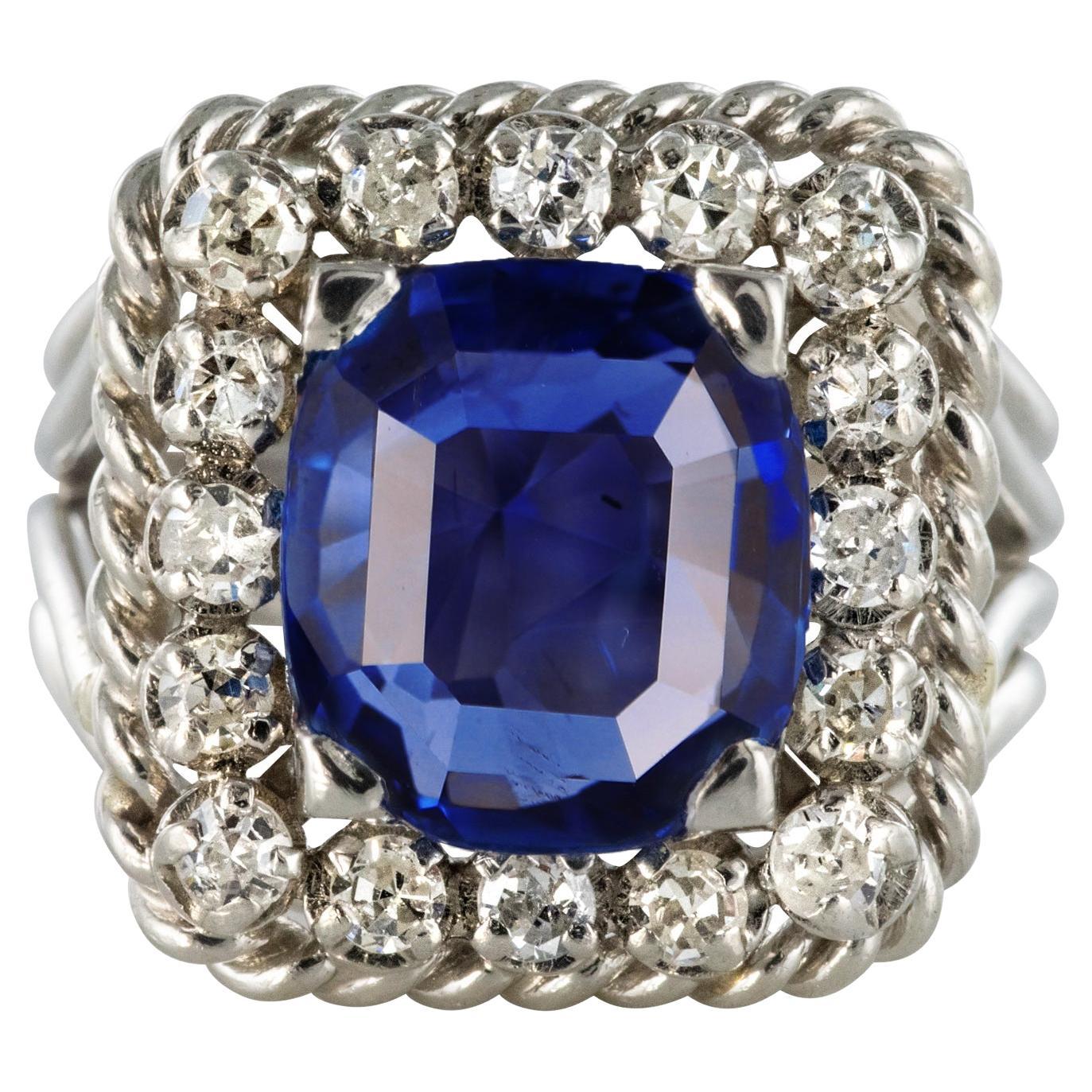 French 1950s No Heat Cushion Cut Ceylon Sapphire Diamonds Platinum Ring For Sale