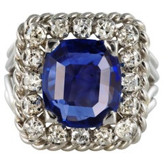 French 1950s No Heat Cushion Cut Ceylon Sapphire Diamonds Platinum Ring