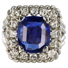 Vintage French 1950s No Heat Cushion Cut Ceylon Sapphire Diamonds Platinum Ring