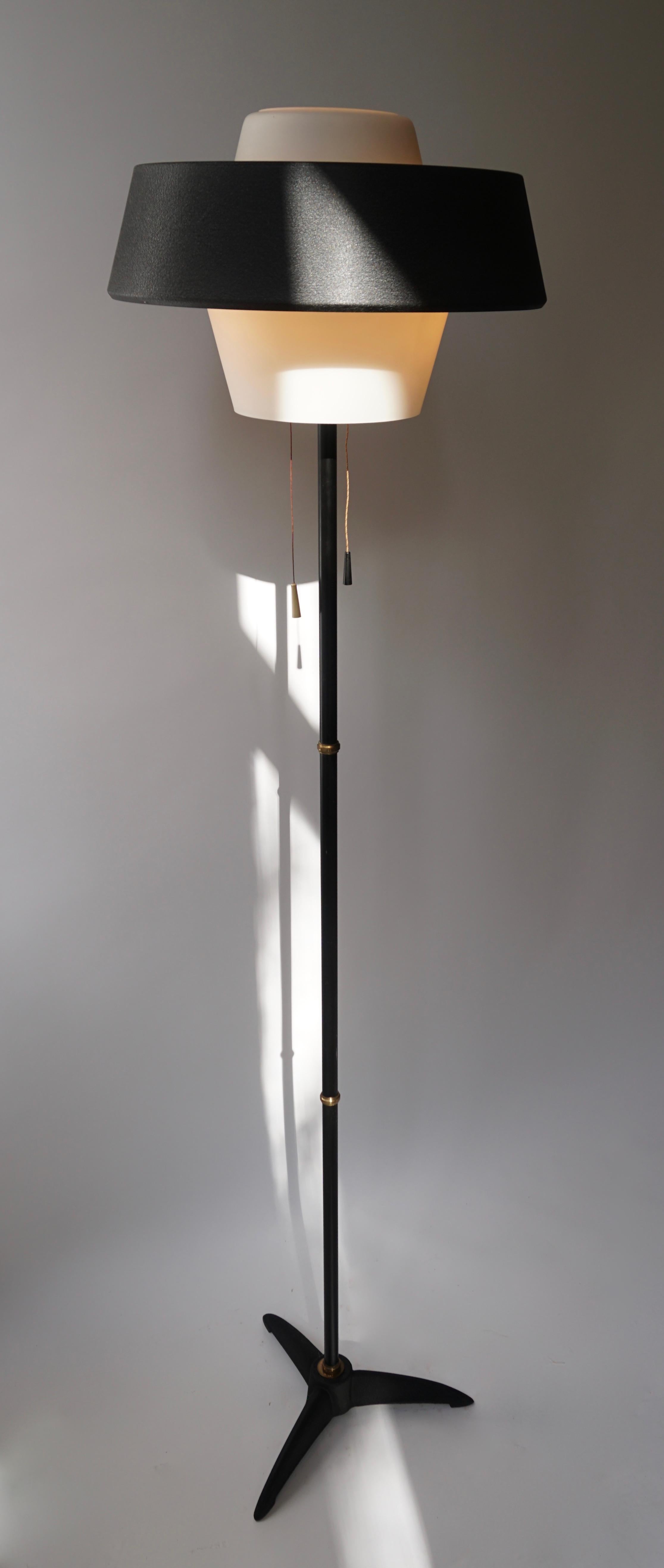 Mid-Century Modern Rare Black Metal and Opaline Floor Lamp by Louis Kalff, The Netherlands 1950s For Sale